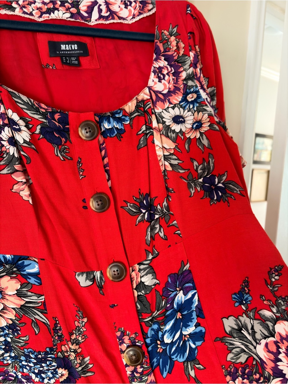 Maeve by Anthropologie Red Floral Button-Front Women’s Midi Dress Size 8 - Picture 6 of 9